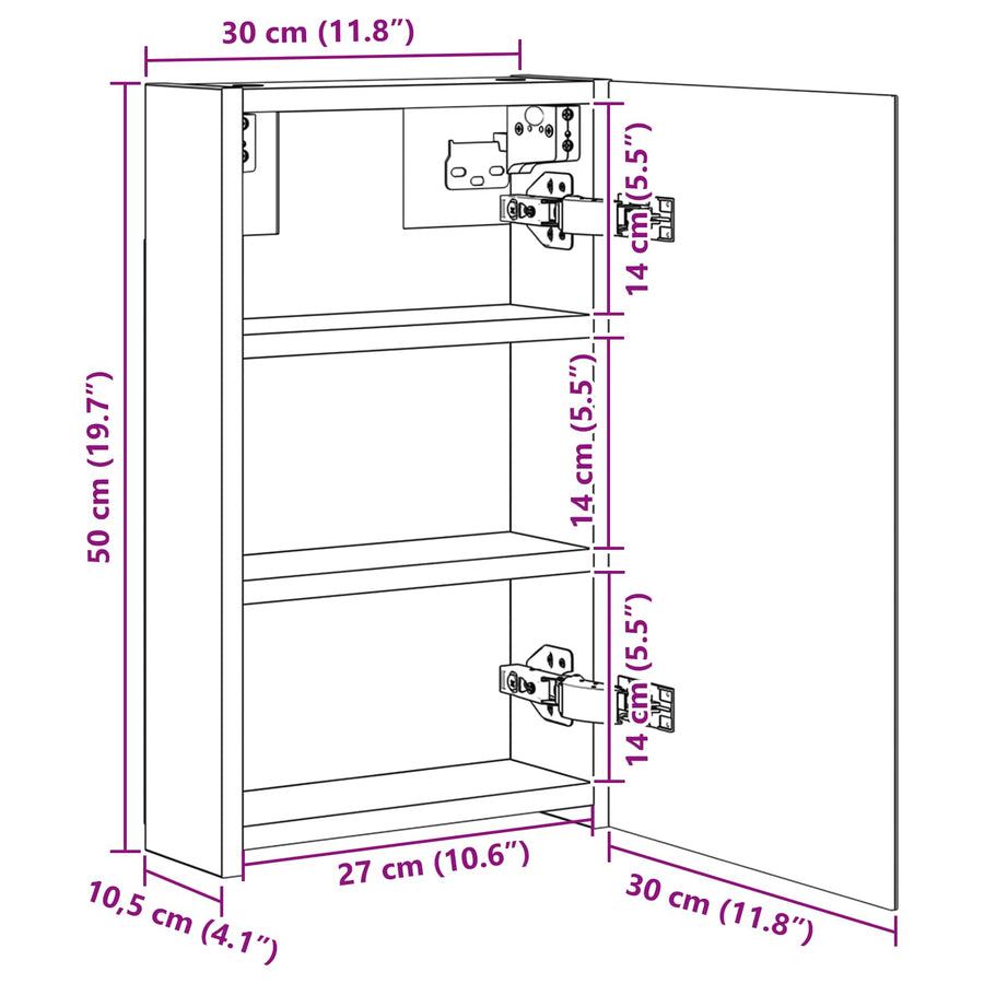 Badkamer spiegelkast Zwart Eiken 30 x 10,5 x 50 cm Bewerkt hout