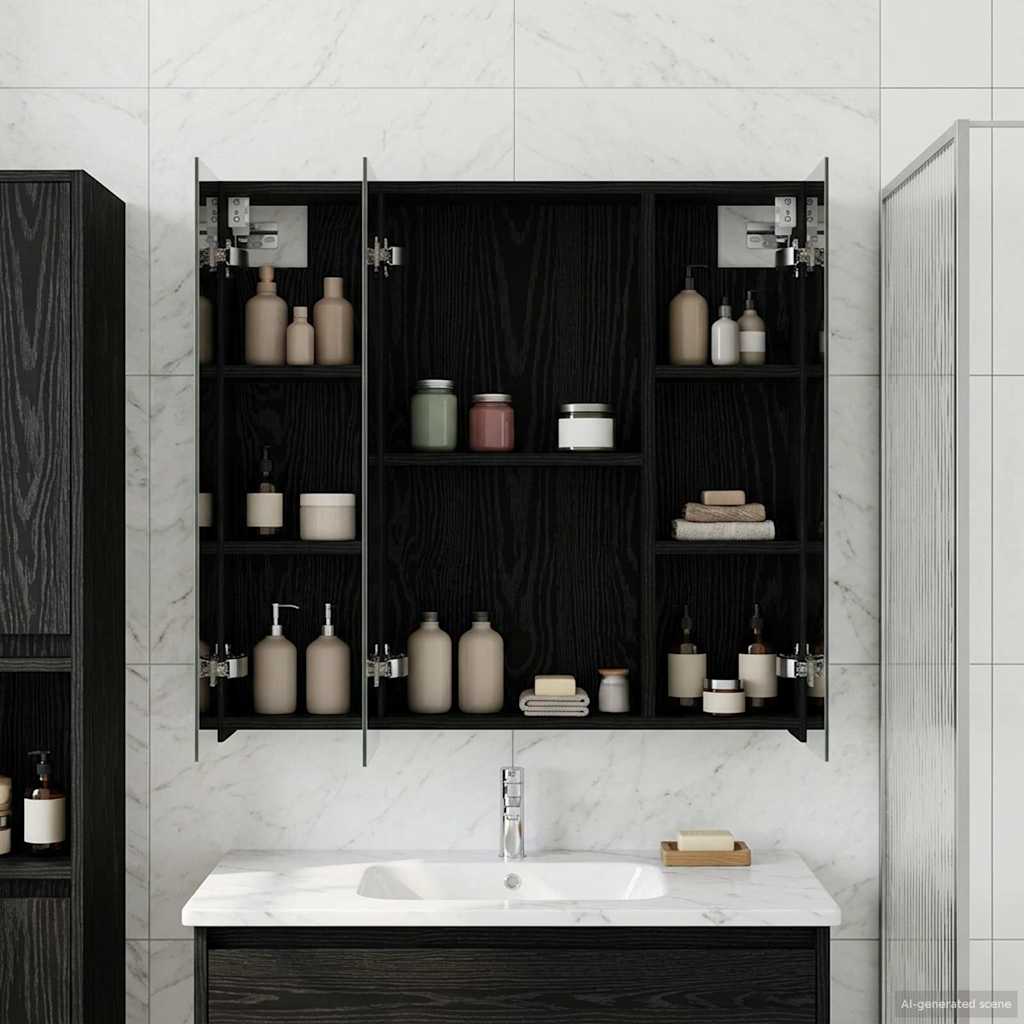 Badkamer spiegelkast Zwart Eiken 70 x 14,5 x 70 cm Bewerkt hout