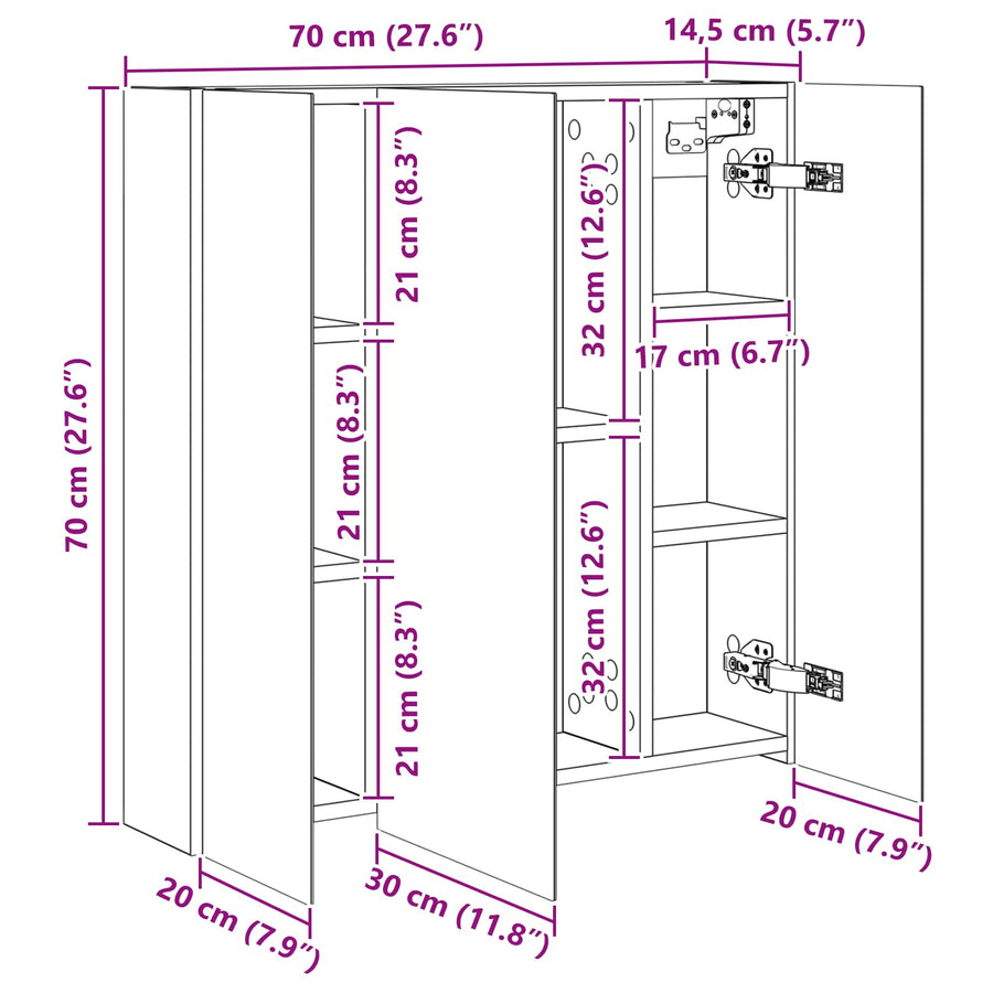 Badkamer spiegelkast Zwart Eiken 70 x 14,5 x 70 cm Bewerkt hout