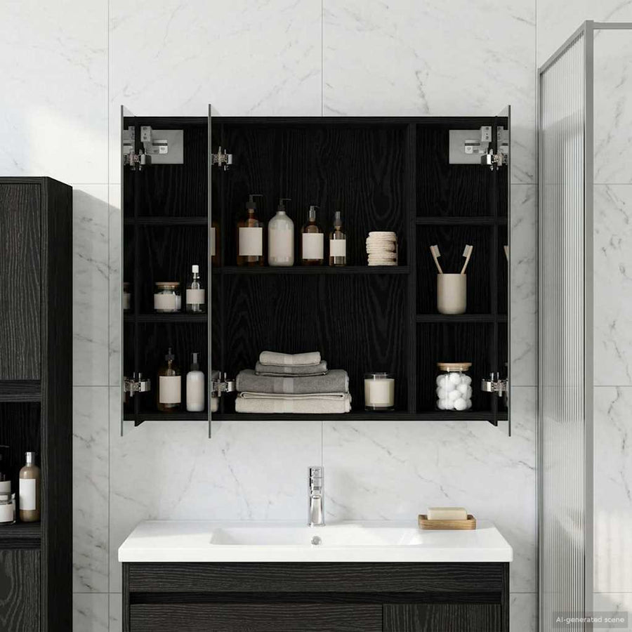Badkamer spiegelkast Zwart Eiken 80 x 14.5 x 70 cm Bewerkt hout