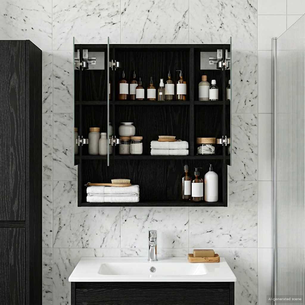Badkamer spiegelkast Zwart Eiken 60 x 14.5 x 70 cm Bewerkt hout