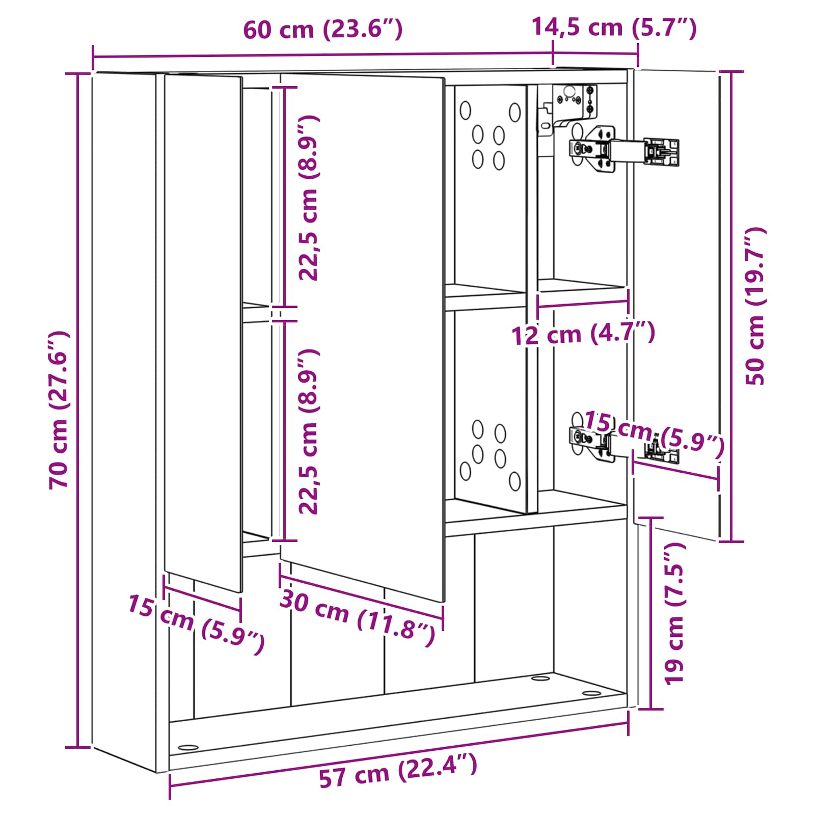 Badkamer spiegelkast met plank Grijs Sonoma 60 x 14.5 x 70 cm