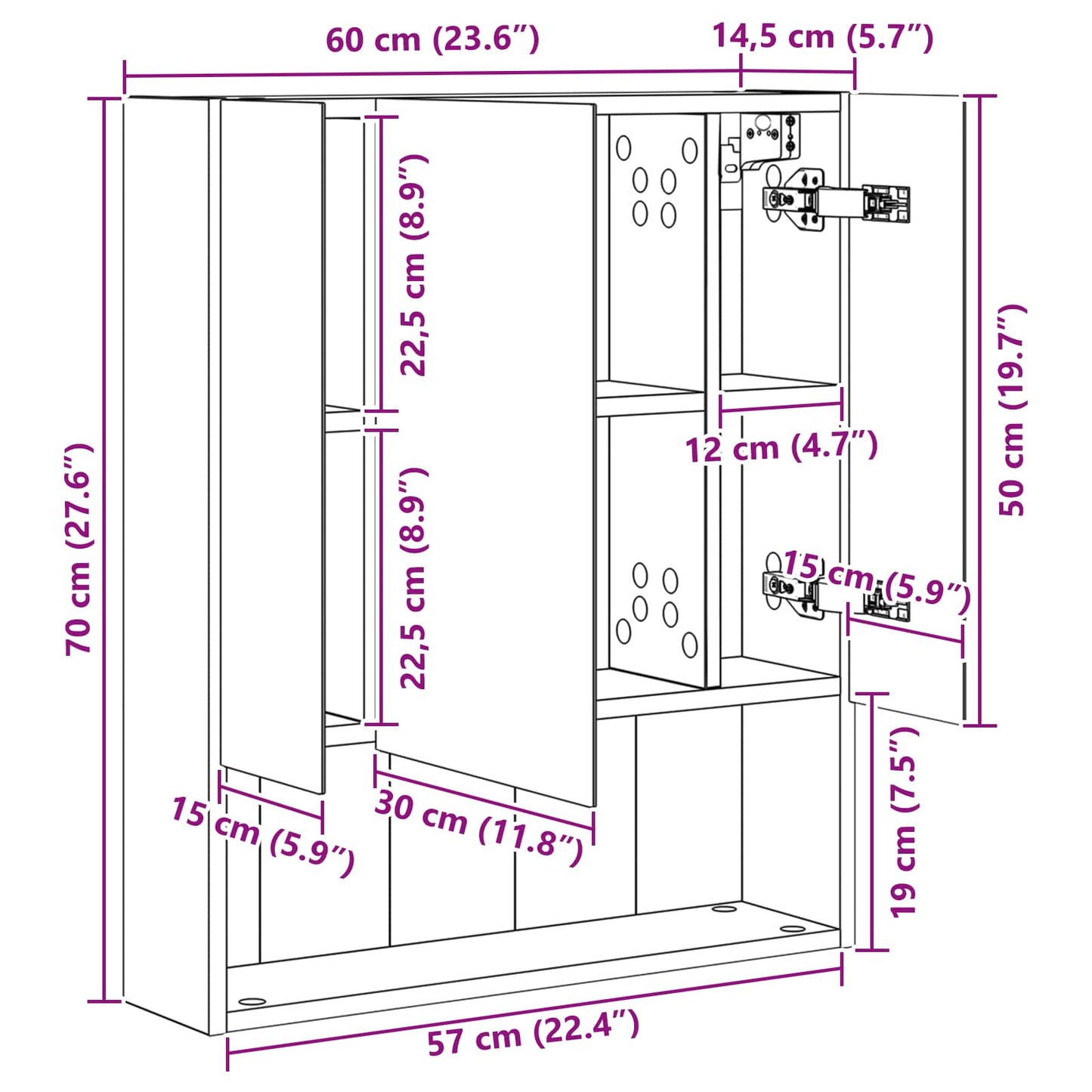 Badkamer spiegelkast Oudhout 60 x 14.5 x 70 cm Bewerkt hout