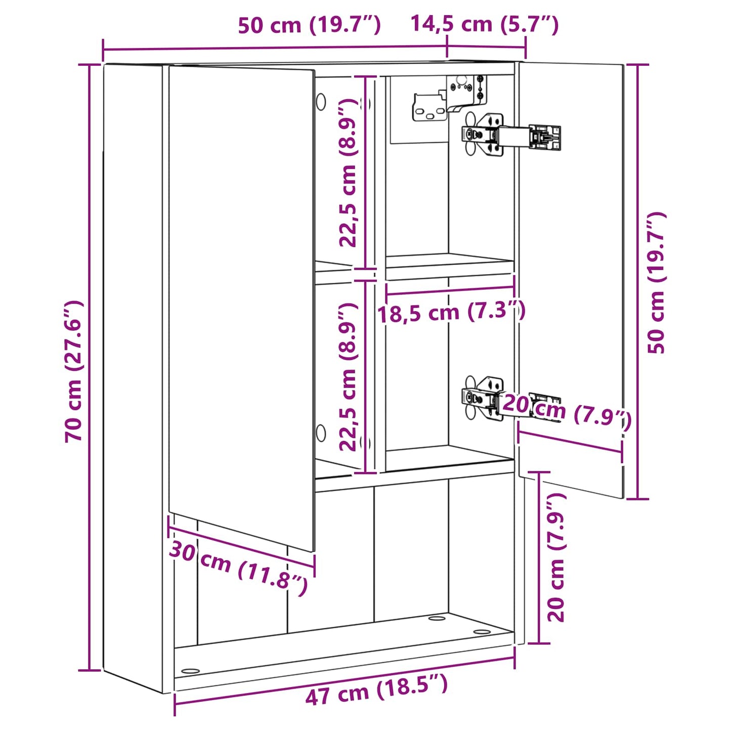 Badkamer spiegelkast met plank Grijs Sonoma 50 x 14,5 x 70 cm