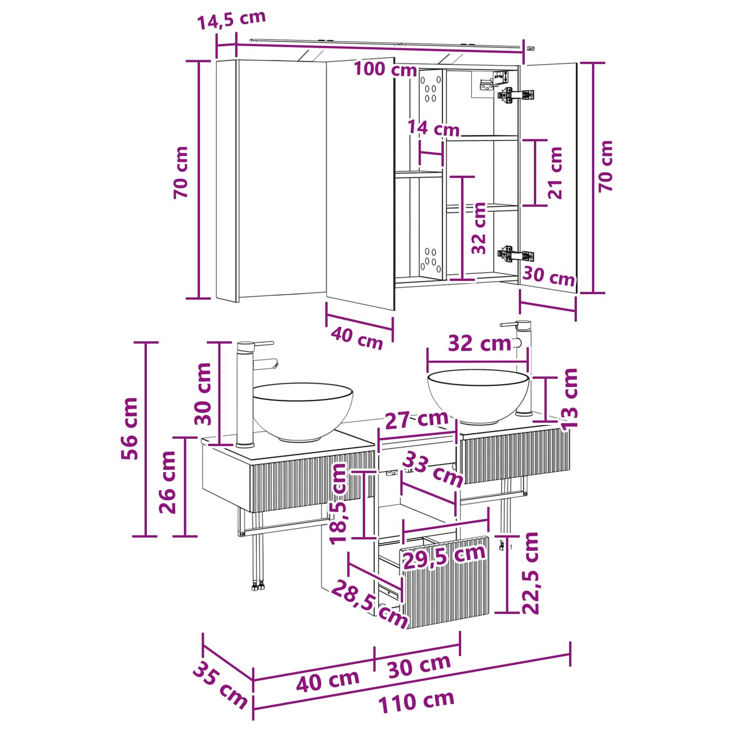Badkamerkastenset 4 pcs Sonoma Eiken 100 x 14,5 x 70 cm