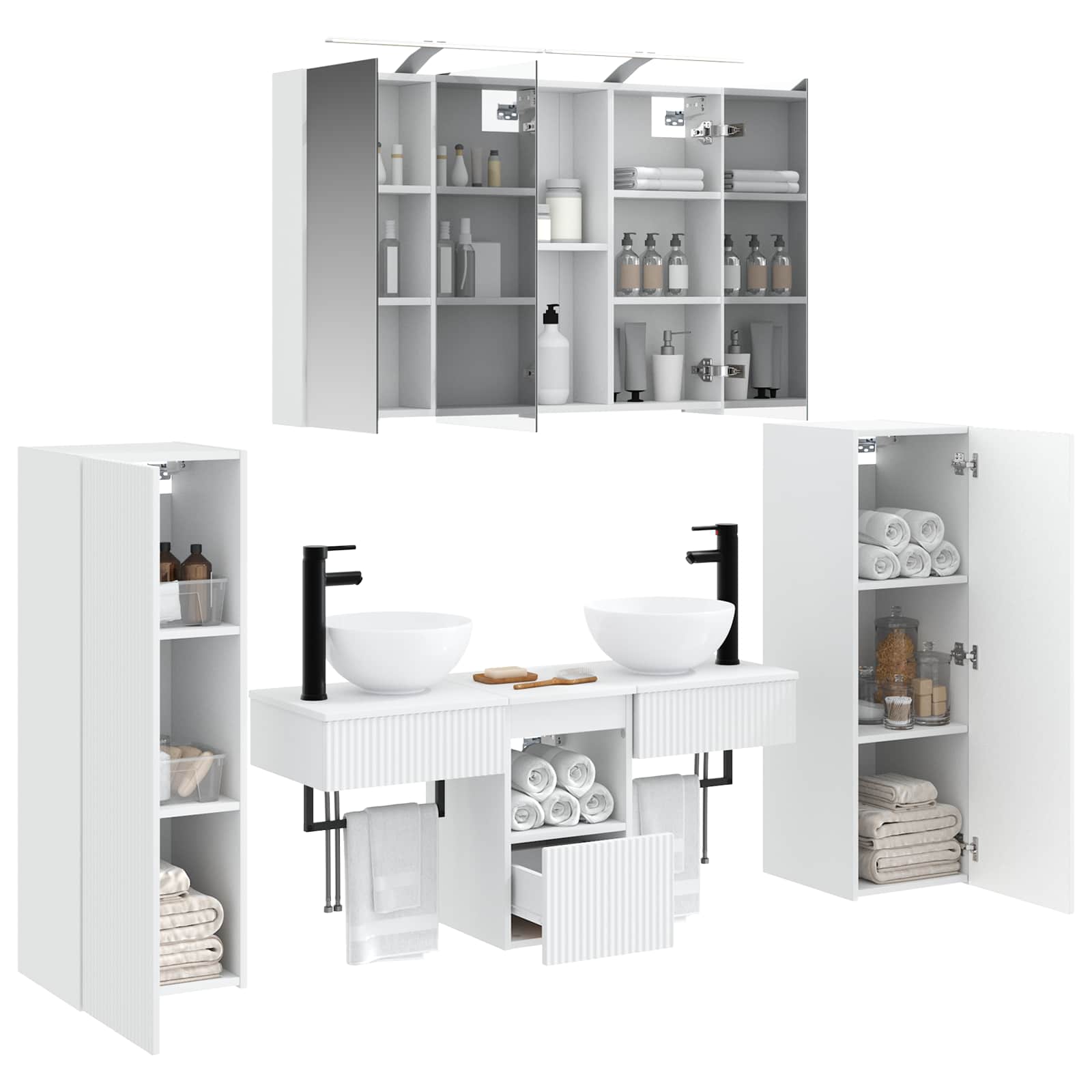 Badkamermeubelset Wandgemonteerd 6 pcs Wit Bewerkt hout en glas