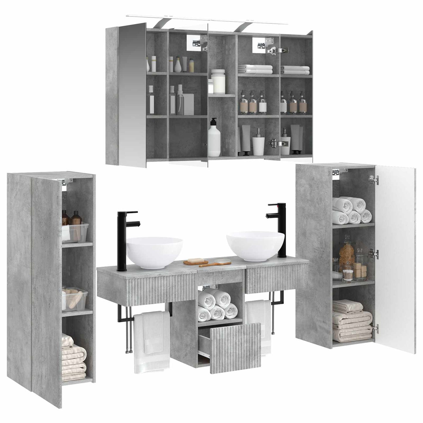 Badkamermeubelset 6 pcs Betongrijs Bewerkt hout en glas