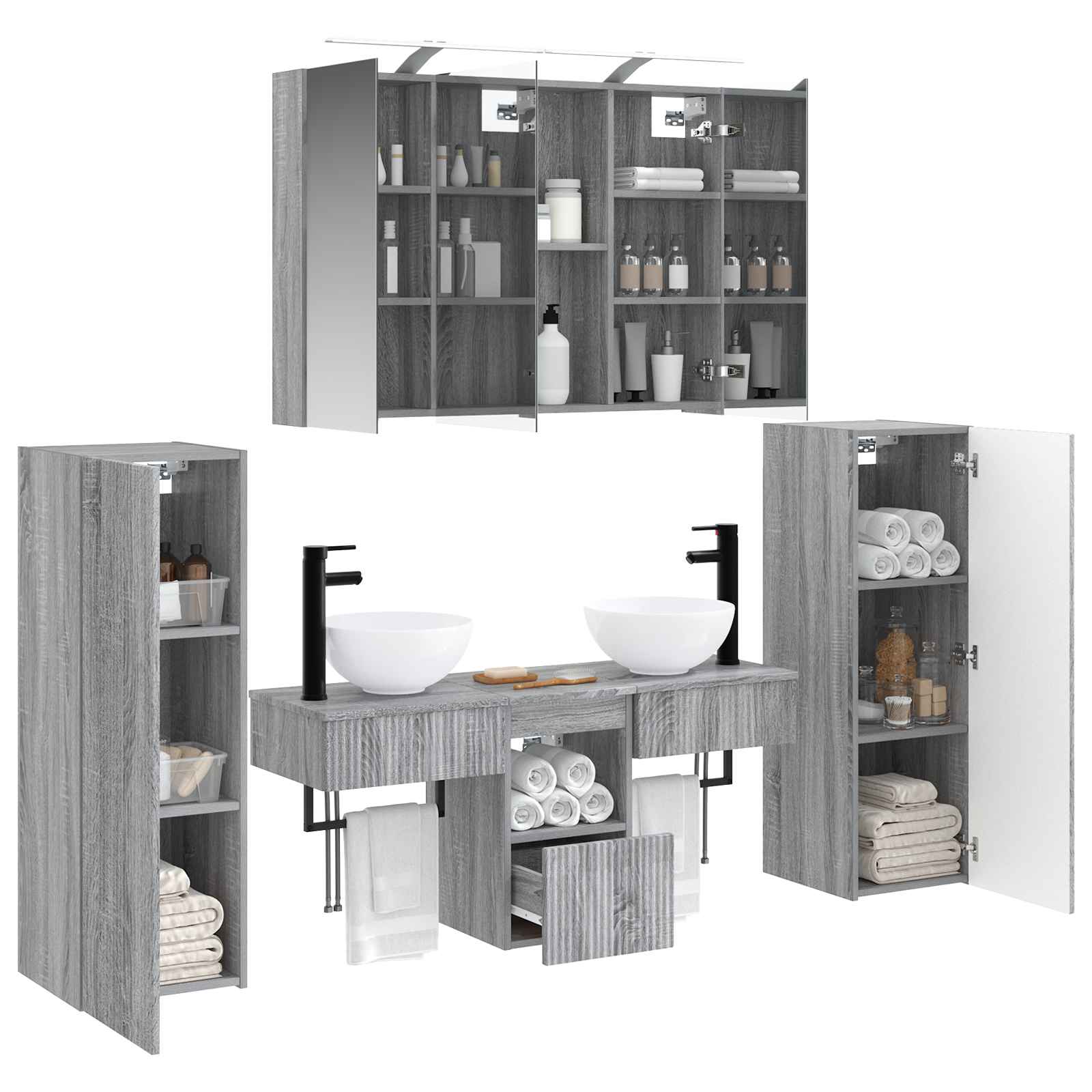Badkamermeubelset 6 pcs Grijs Sonoma Bewerkt hout en glas