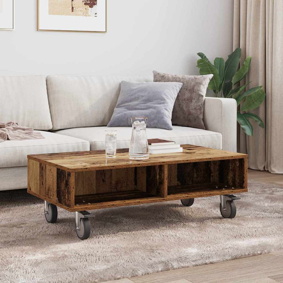 Bijzettafel met wielen Oudhout 90 x 50 x 30 cm Bewerkt hout
