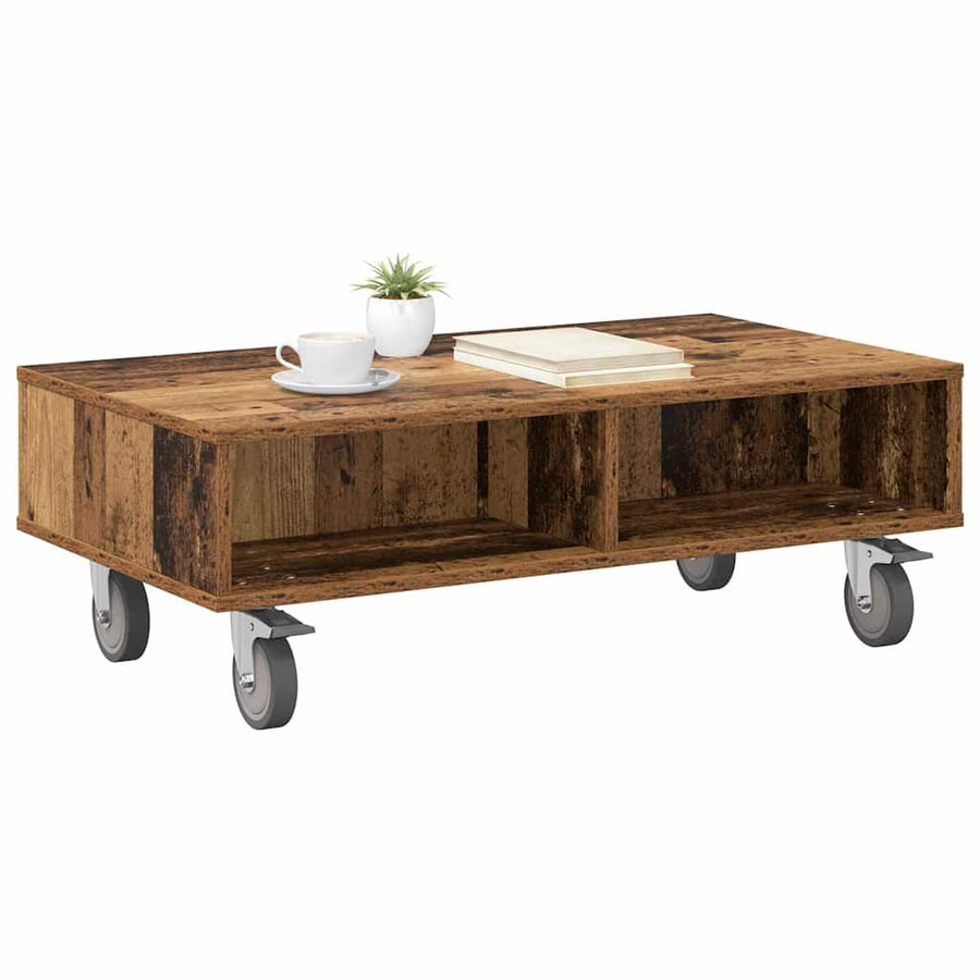 Bijzettafel met wielen Oudhout 90 x 50 x 30 cm Bewerkt hout