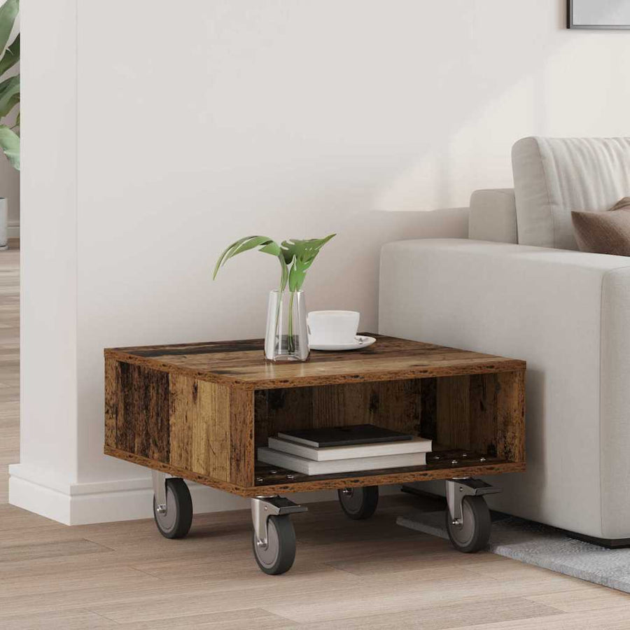 Bijzettafel met wielen Oudhout 50 x 50 x 30 cm Bewerkt hout