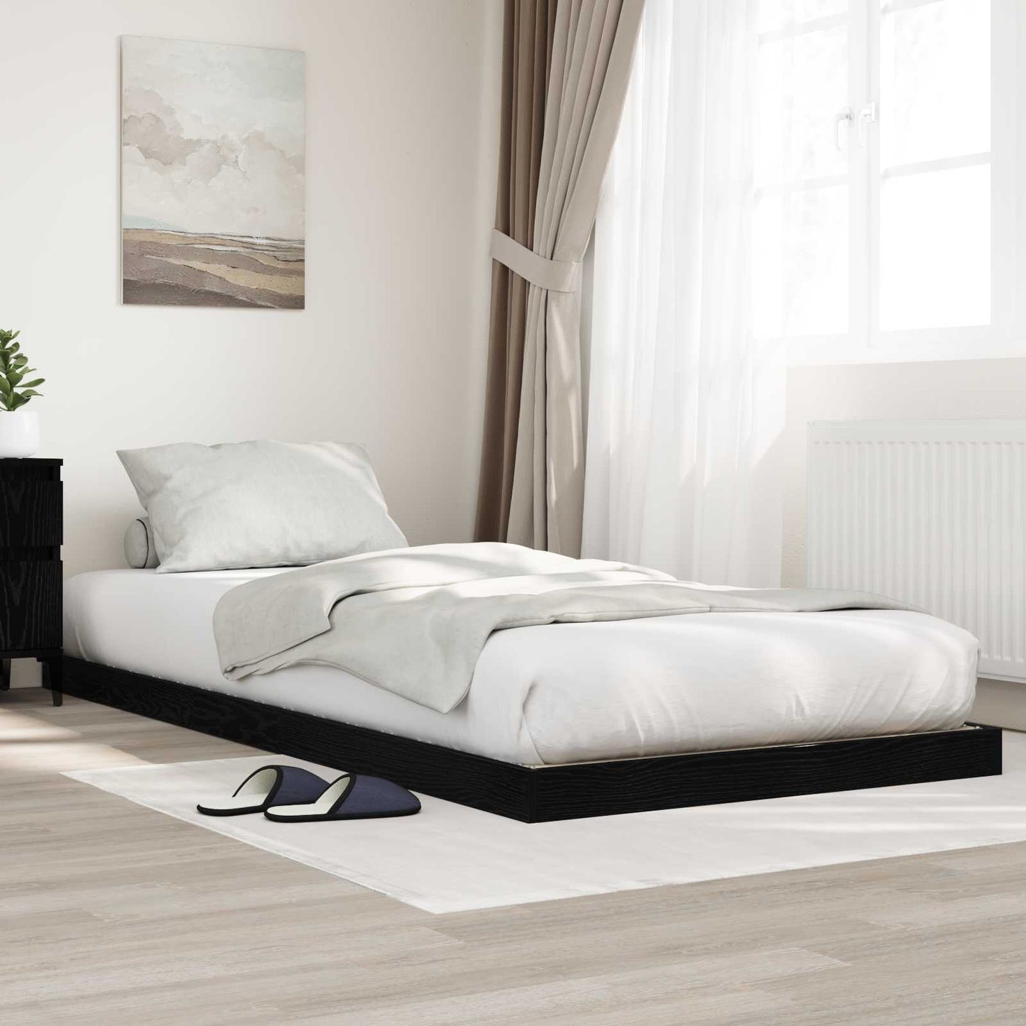 Vloer bedframe Zwart Eiken 90 x 190 cm Bewerkt hout