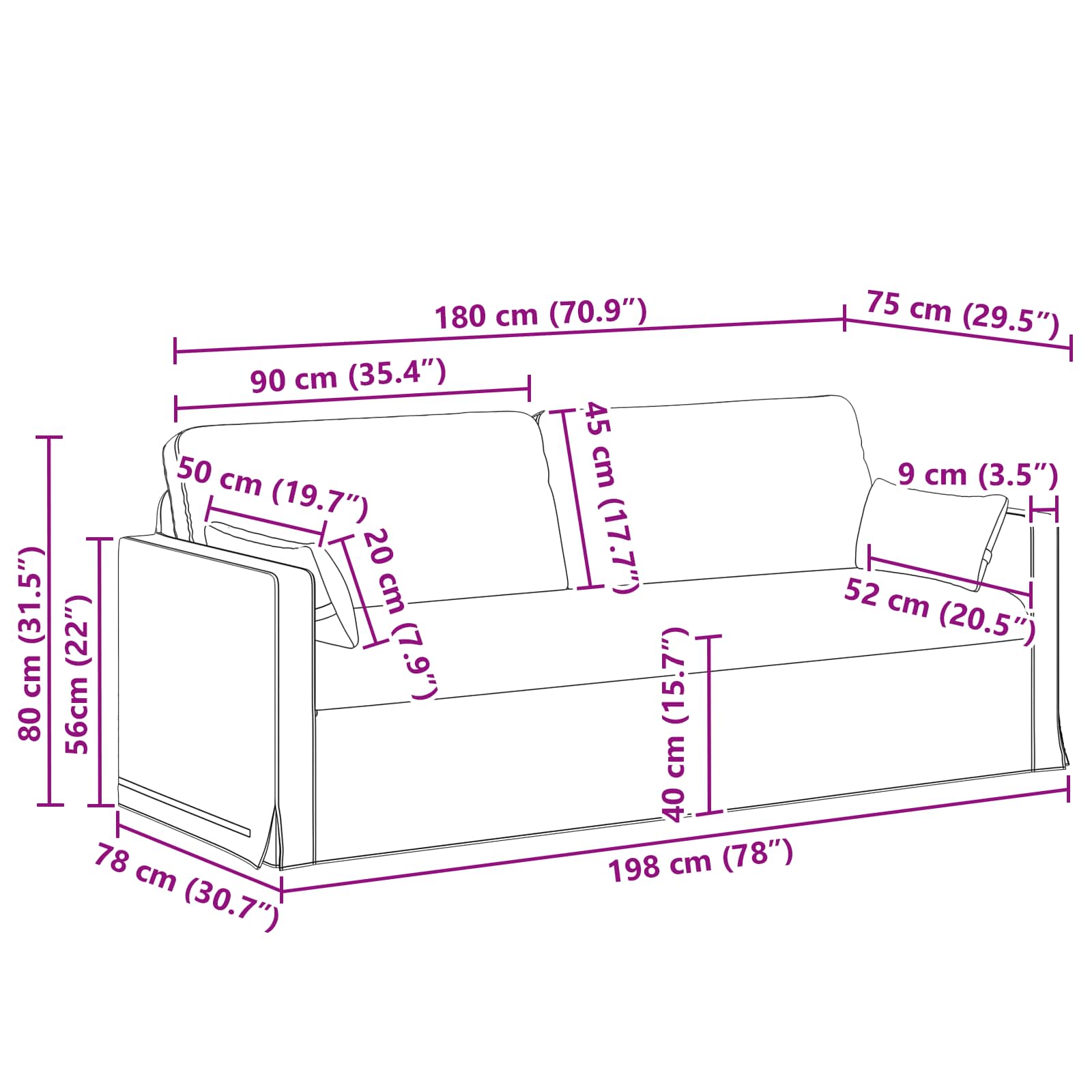 Bank 180cm 2 pcs Crème Metaal