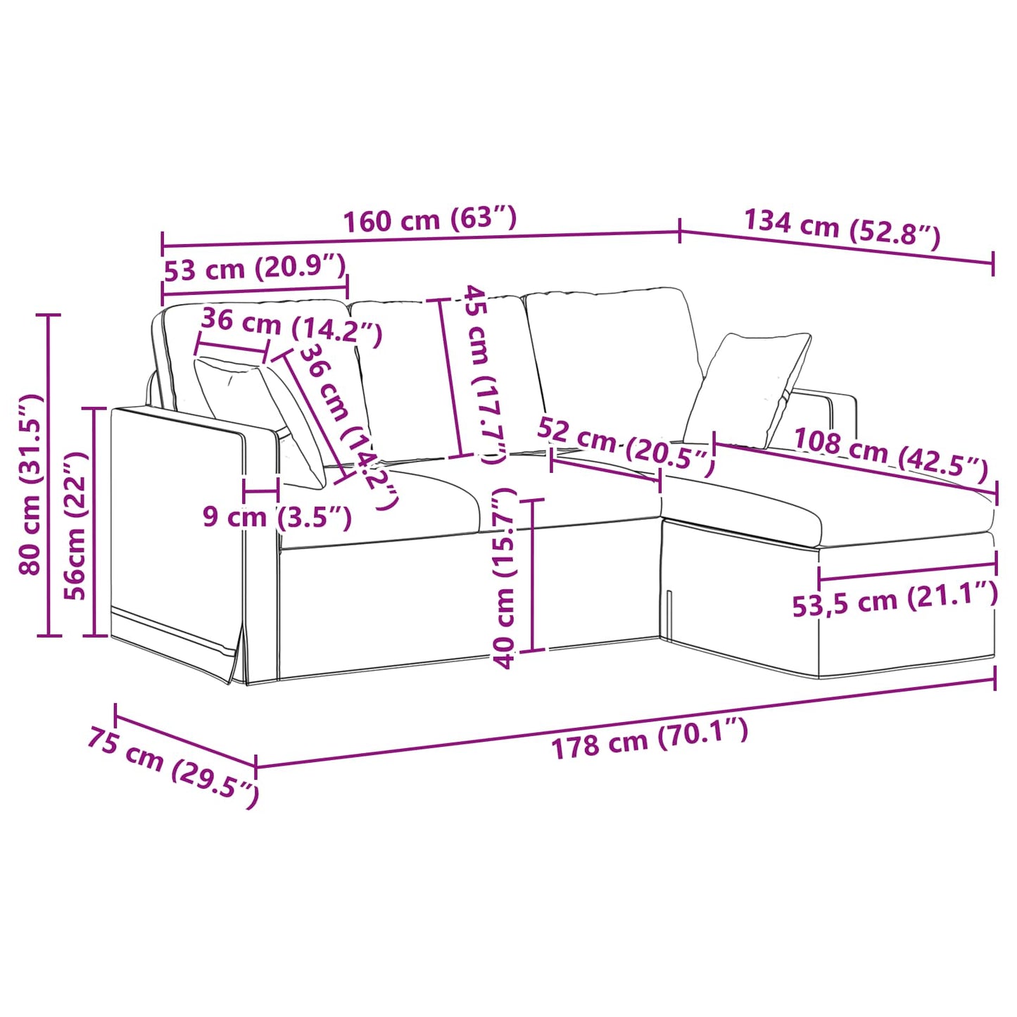 Bank Zwart Totale afmetingen: 178 x 134 x 80 cm (B x D x H)