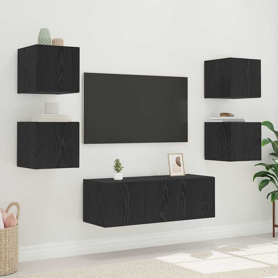TV Wandkast Zwart Eiken 30,5 x 35 x 30 cm Bewerkt hout