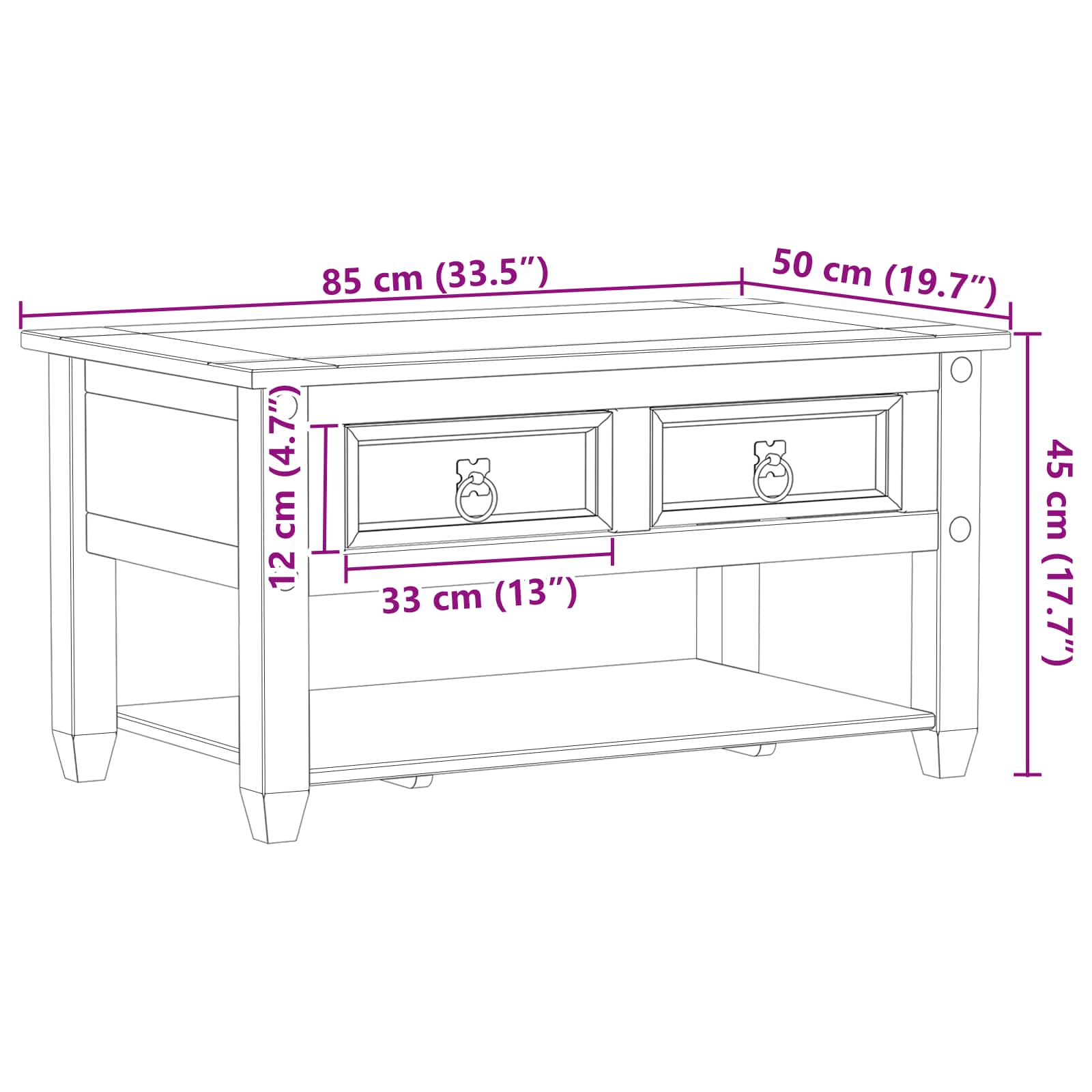 Salontafel met lade Wit 85 x 50 x 45 cm Massief grenenhout