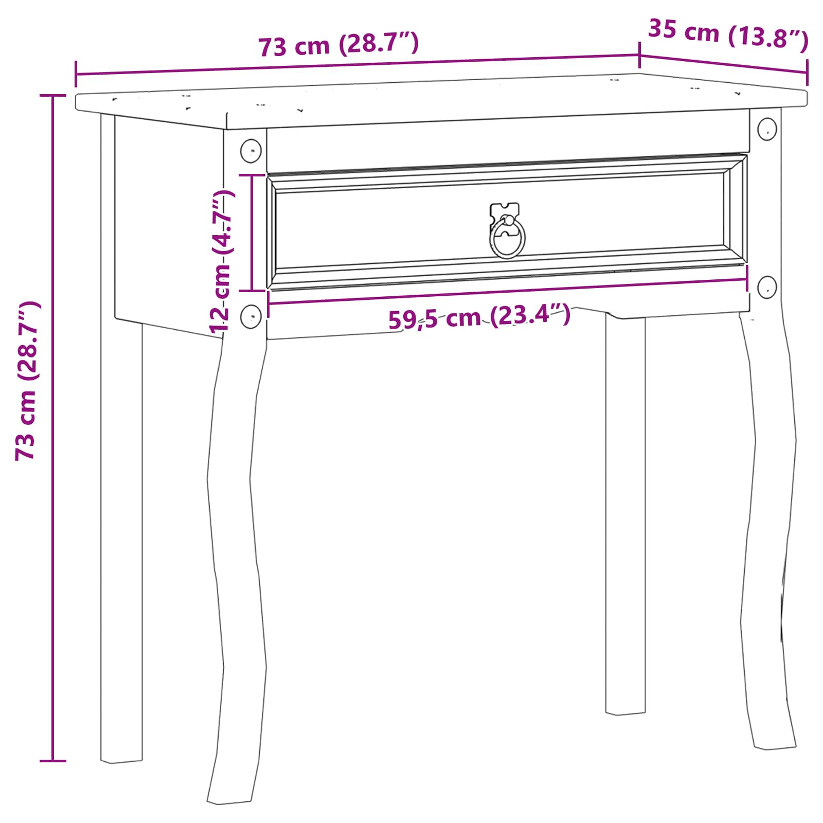 Console tafel met lade Wit 73 x 35 x 73 cm Massief grenenhout