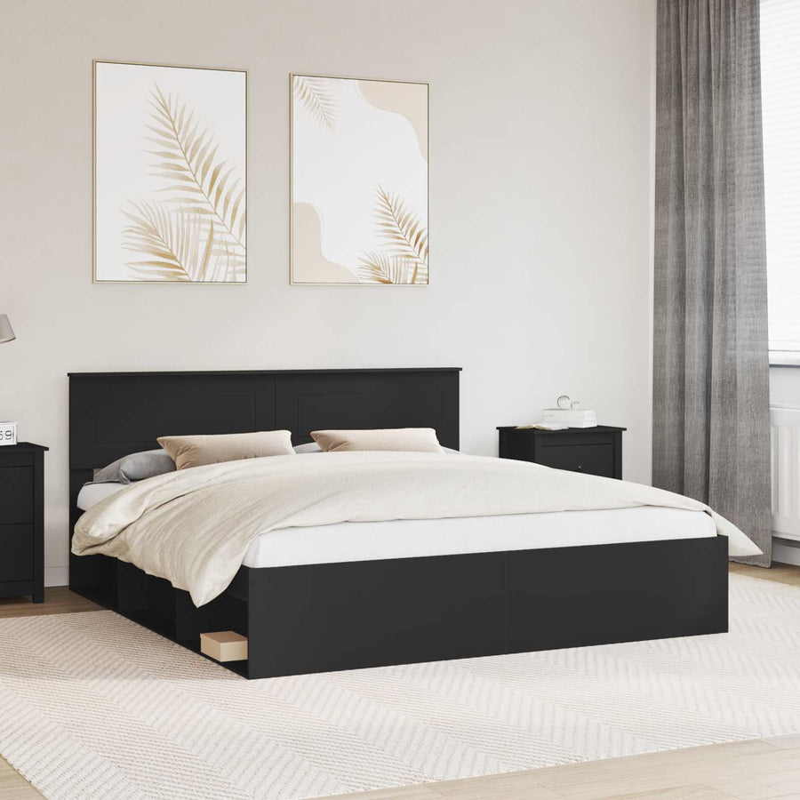 Bedframe Met Hoofdeinde Bewerkt Hout Zwart 200 x 200 cm