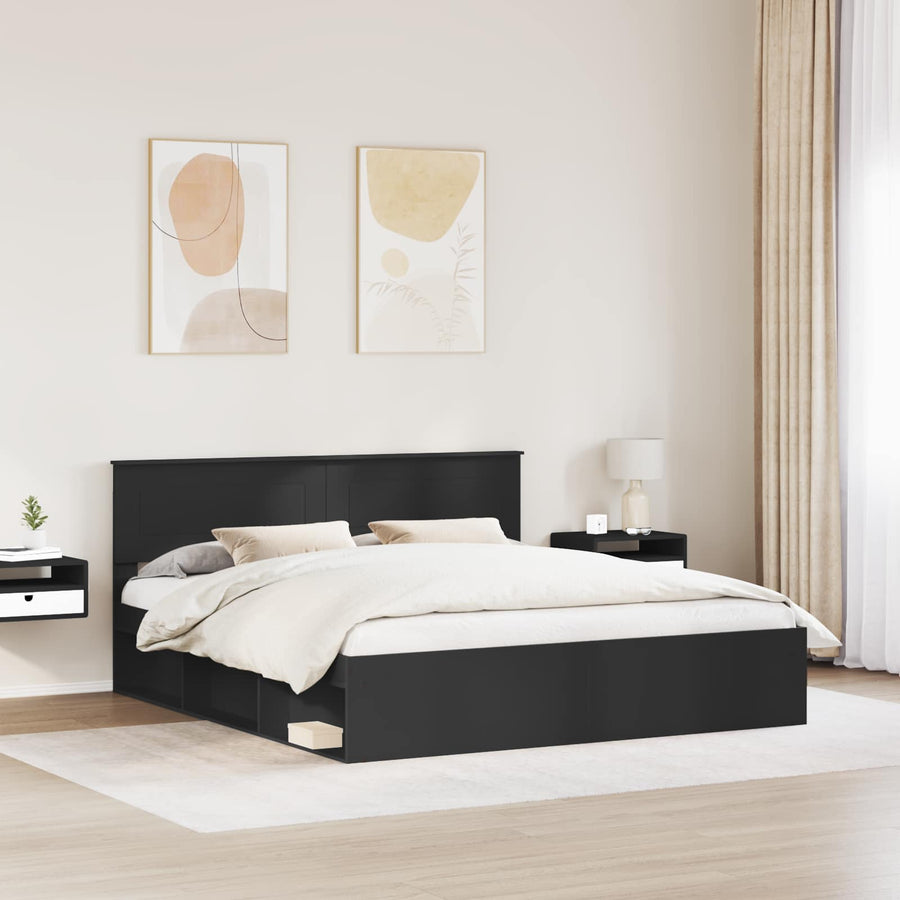 Bedframe Met Hoofdeinde Bewerkt Hout Zwart 200 x 200 cm