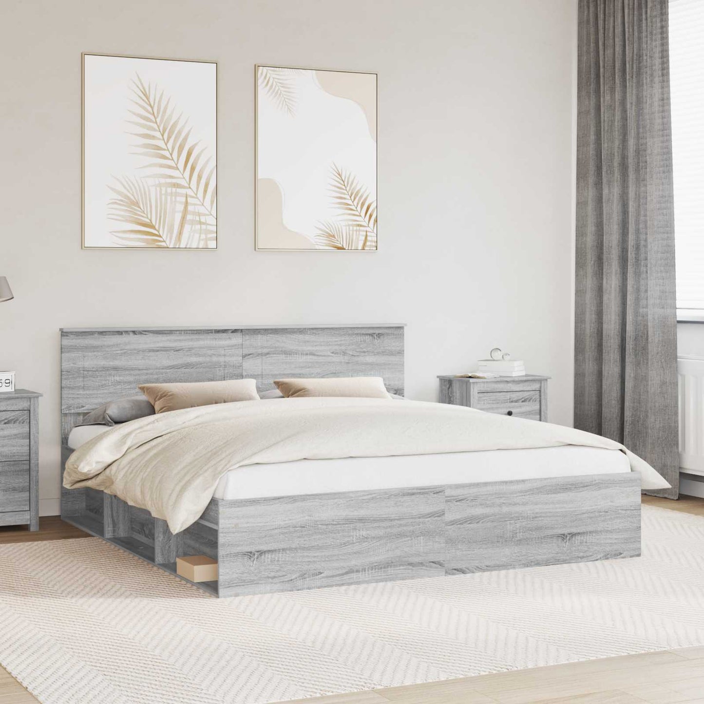Bedframe Met Hoofdeinde Bewerkt Hout Grijs Sonoma 200 x 200 cm