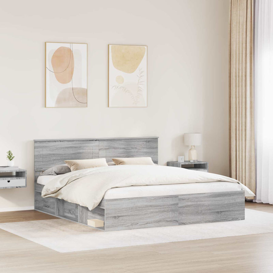 Bedframe Met Hoofdeinde Bewerkt Hout Grijs Sonoma 200 x 200 cm