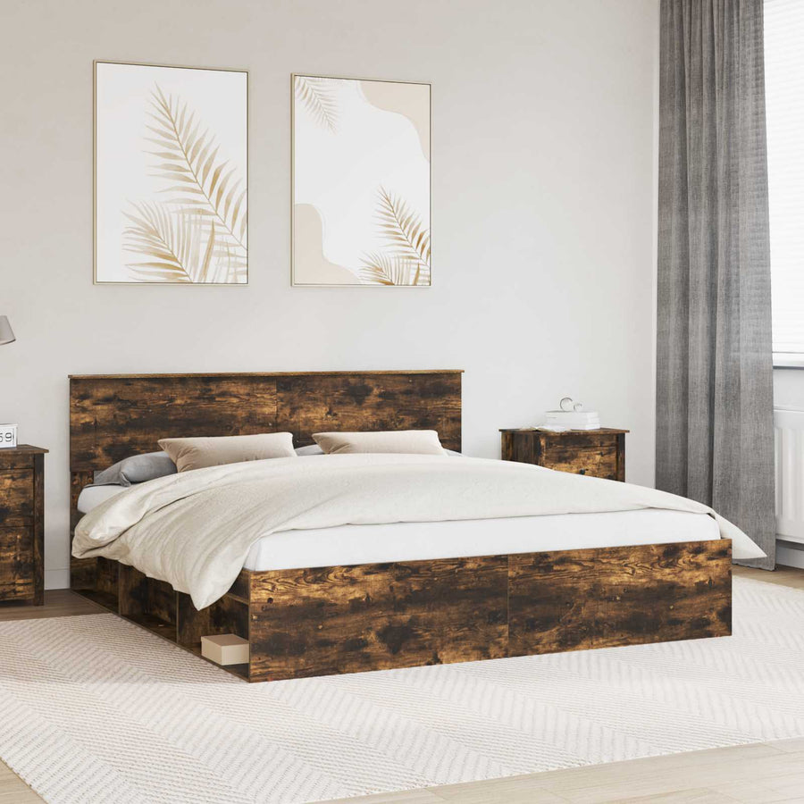 Bedframe Met Hoofdeinde Bewerkt Hout Gerookt Eiken 180 x 200 cm