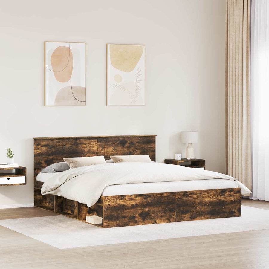 Bedframe Met Hoofdeinde Bewerkt Hout Gerookt Eiken 180 x 200 cm