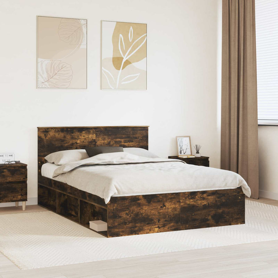 Bedframe Met Hoofdeinde Bewerkt Hout Gerookt Eiken 140 x 190 cm