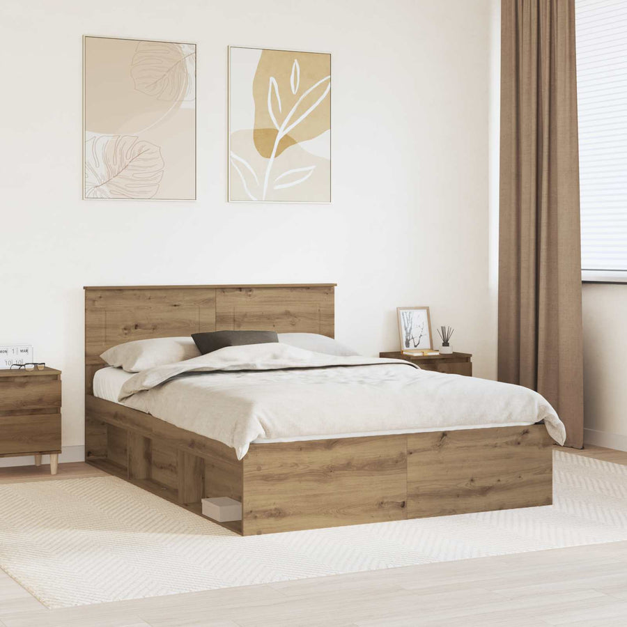 Bedframe Ambachtelijk eiken 140 x 190 cm Bewerkt hout