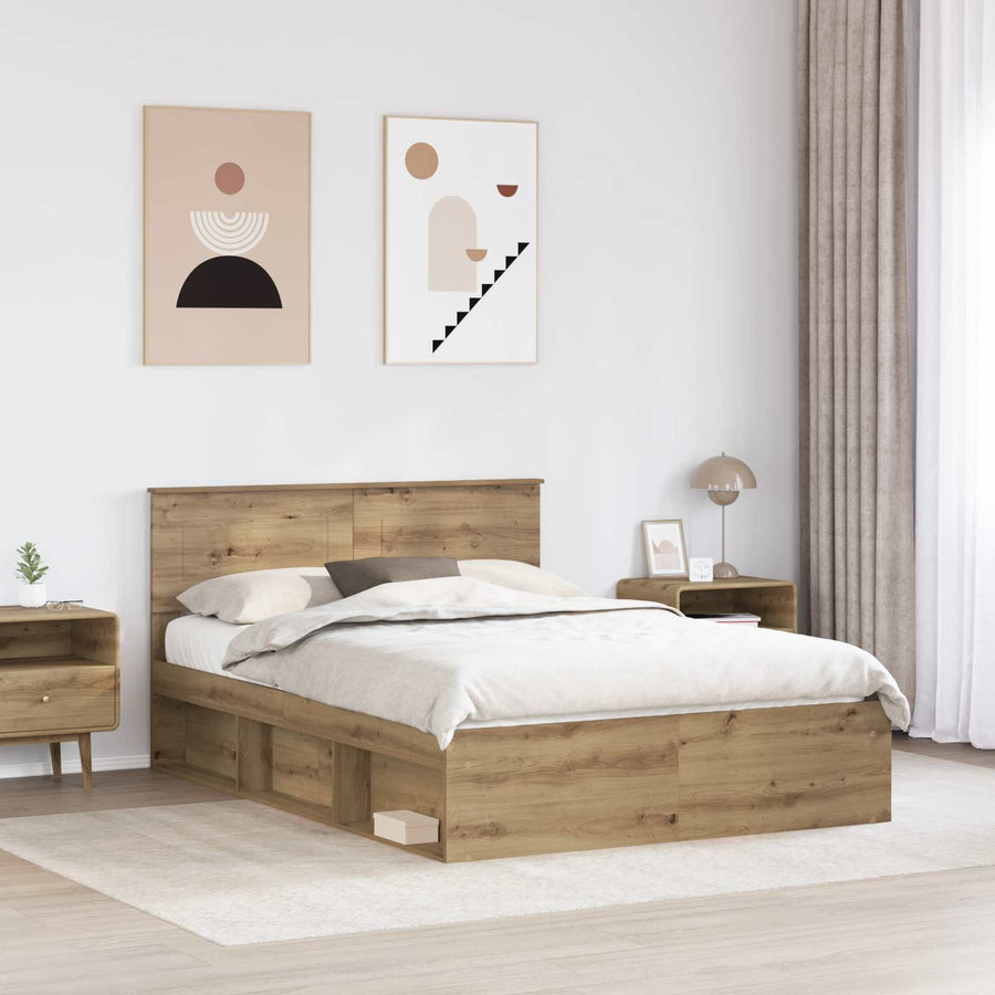 Bedframe Ambachtelijk eiken 140 x 190 cm Bewerkt hout