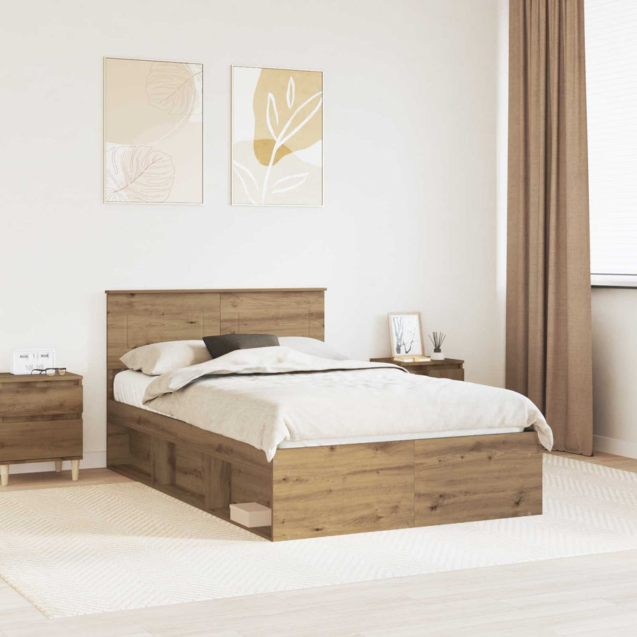 Bedframe Ambachtelijk Eiken Bewerkt Hout Artisanaal Eikenkleurig 120 x 190 cm