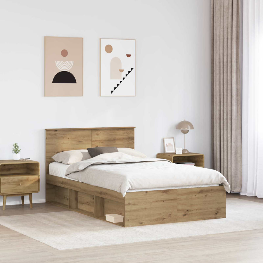 Bedframe Ambachtelijk Eiken Bewerkt Hout Artisanaal Eikenkleurig 120 x 190 cm