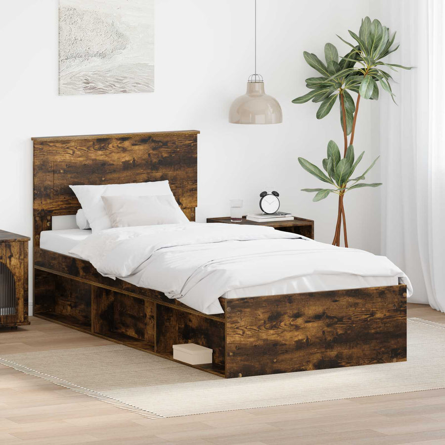 Bedframe Met Hoofdeinde Bewerkt Hout Gerookt Eiken 100 x 200 cm