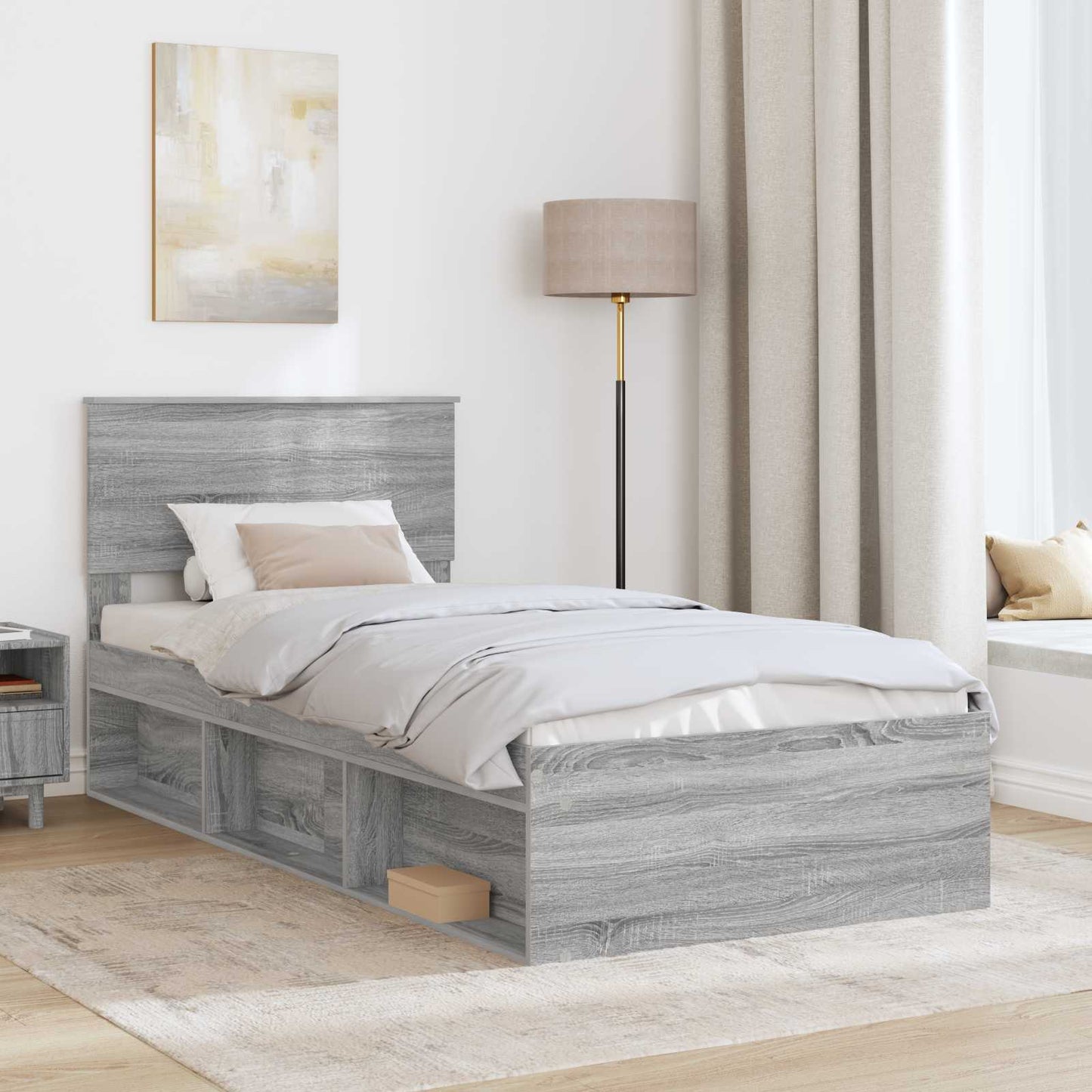 Bedframe Met Hoofdeinde Bewerkt Hout Grijs Sonoma 100 x 200 cm