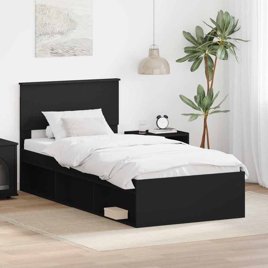 Bedframe Met Hoofdeinde Bewerkt Hout Zwart 90 x 200 cm