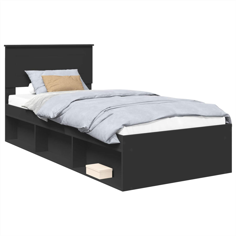 Bedframe Met Hoofdeinde Bewerkt Hout Zwart 90 x 200 cm