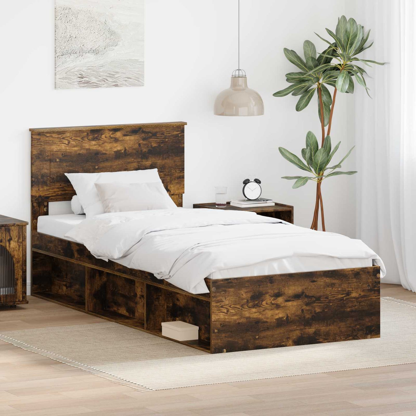 Bedframe Met Hoofdeinde Bewerkt Hout Gerookt Eiken 90 x 200 cm
