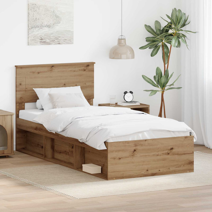 Bedframe Ambachtelijk Eiken Bewerkt Hout Artisanaal Eikenkleurig 75 x 190 cm