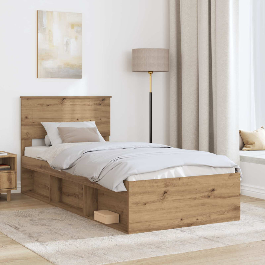 Bedframe Ambachtelijk Eiken Bewerkt Hout Artisanaal Eikenkleurig 75 x 190 cm