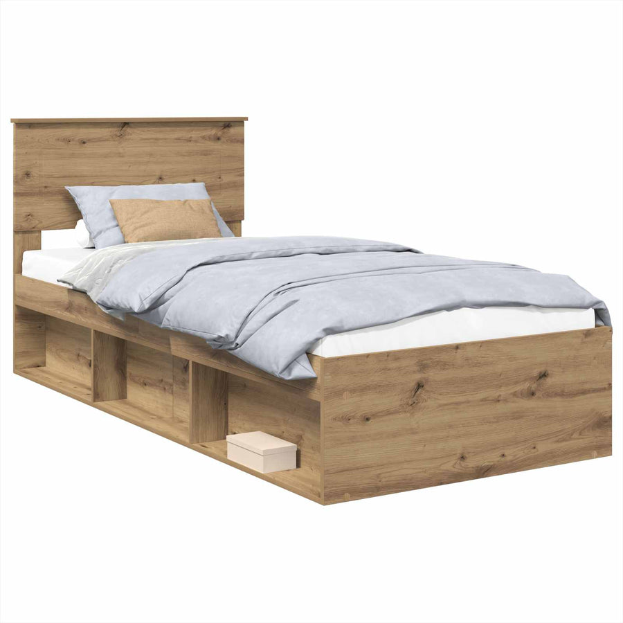 Bedframe Ambachtelijk Eiken Bewerkt Hout Artisanaal Eikenkleurig 75 x 190 cm
