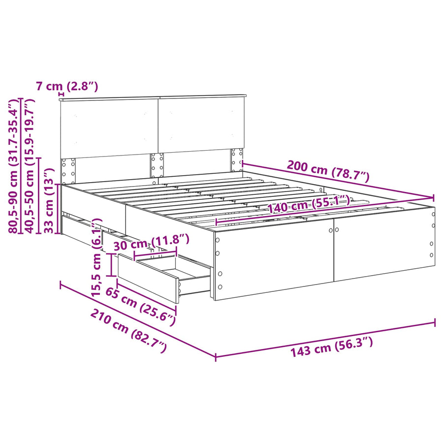 Bedframe met lade Gerookt eiken 140 x 200 cm Ingenieurshout