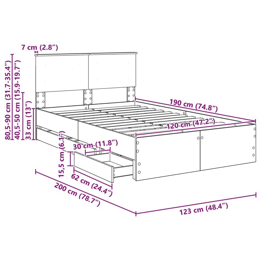Bedframe met lade Gerookt eiken 120 x 190 cm Ingenieurshout