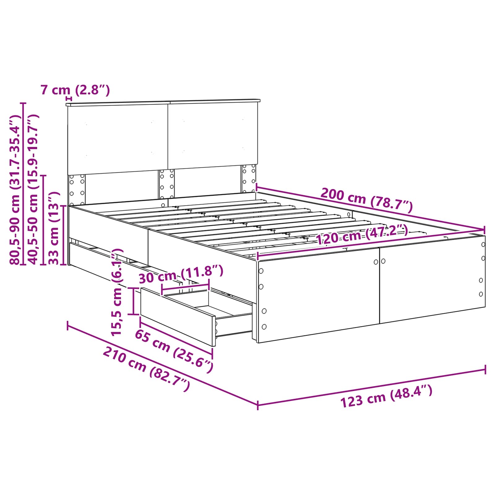 Bedframe met lade Gerookt eiken 120 x 200 cm Ingenieurshout