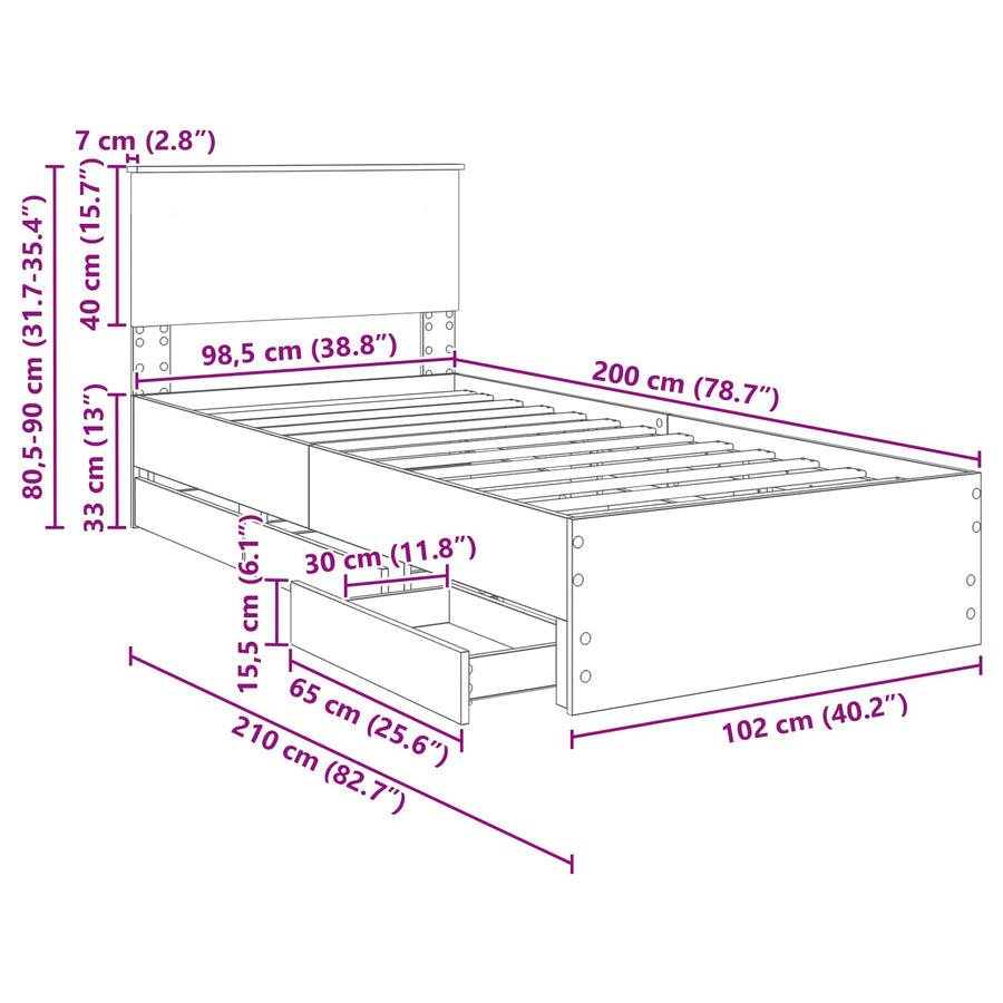 Bedframe met lade Gerookt eiken 100 x 200 cm Ingenieurshout