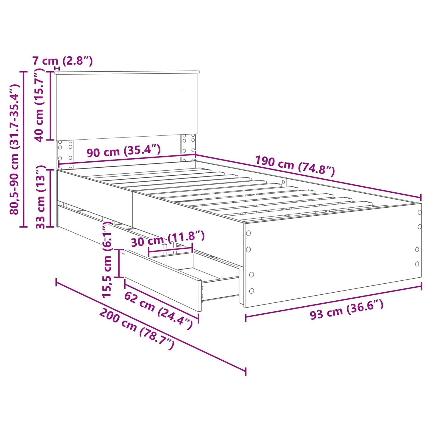 Bedframe met lade met opslag Zwart 90 x 190 cm Ingenieurshout