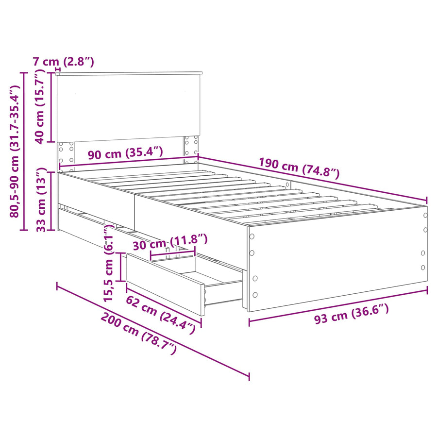 Bedframe met lade met opslag Zwart 90 x 190 cm Ingenieurshout