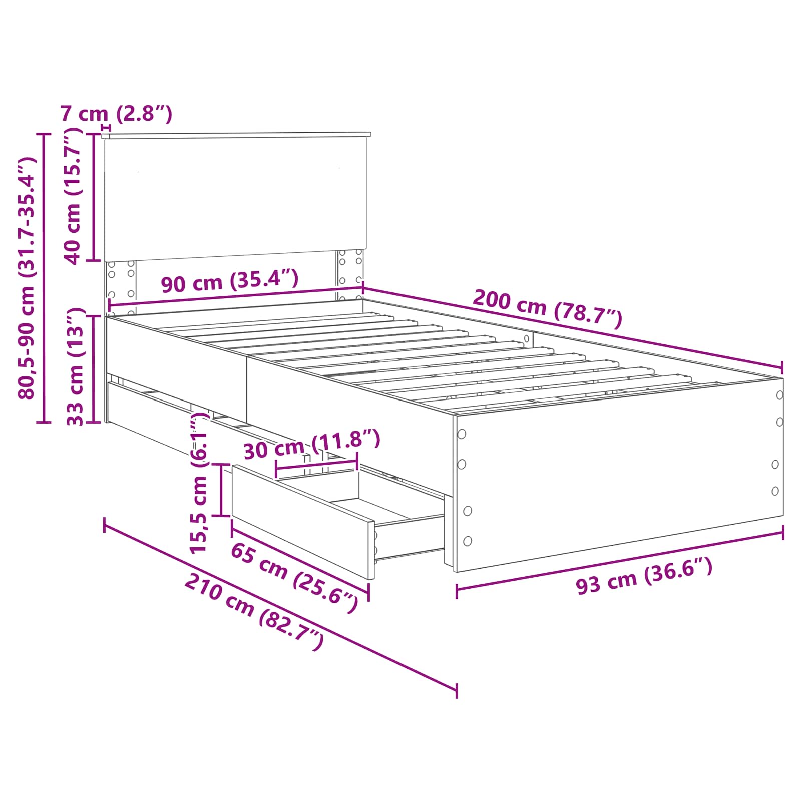 Bedframe met lade met hoofdeinde Wit 90 x 200 cm Ingenieurshout