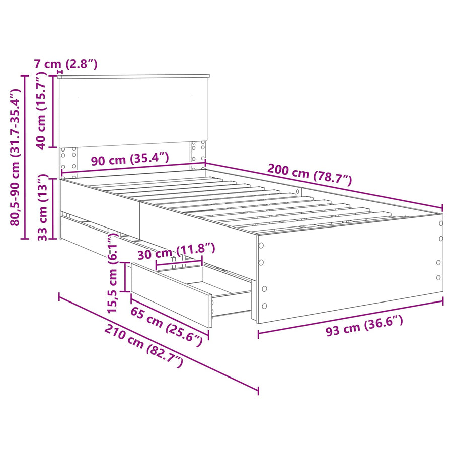 Bedframe met lade Gerookt eiken 90 x 200 cm Ingenieurshout