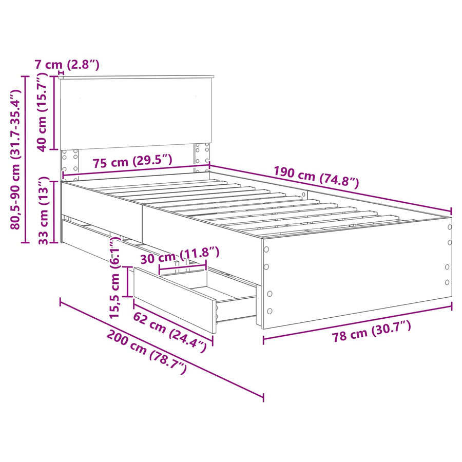 Bedframe met lade Grijs Sonoma 75 x 190 cm Ingenieurshout