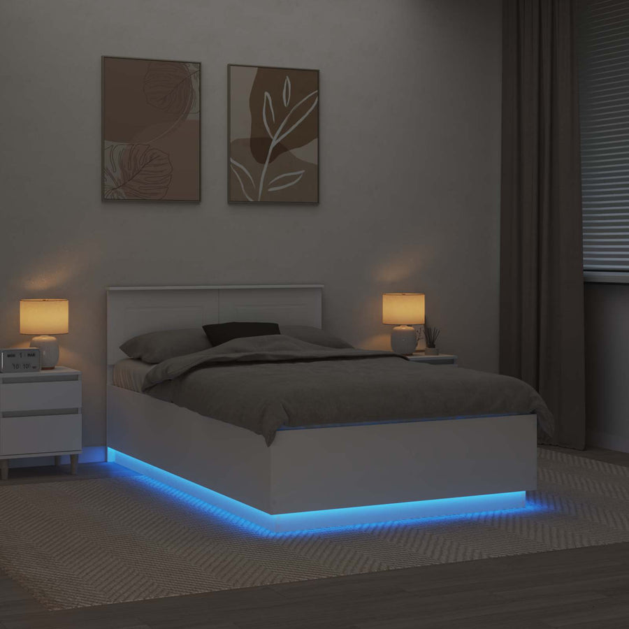 Bedframe met LED-striplichten Wit 135 x 190 cm Bewerkt hout